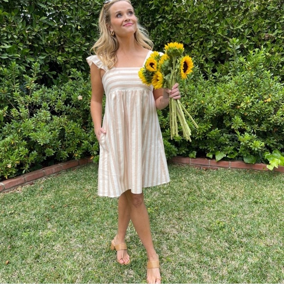 NWT Draper James Maddie Babydoll Dress in Camel Cabana Stripe Size:XS - Picture 3 of 9